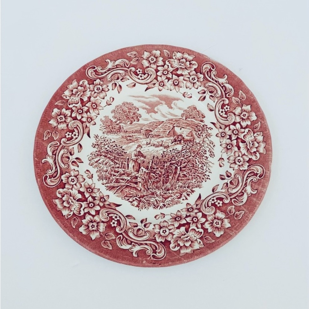 3 Olde England 17th Century Ironstone 8" Dessert Plates Red Royal Tudor Ware
